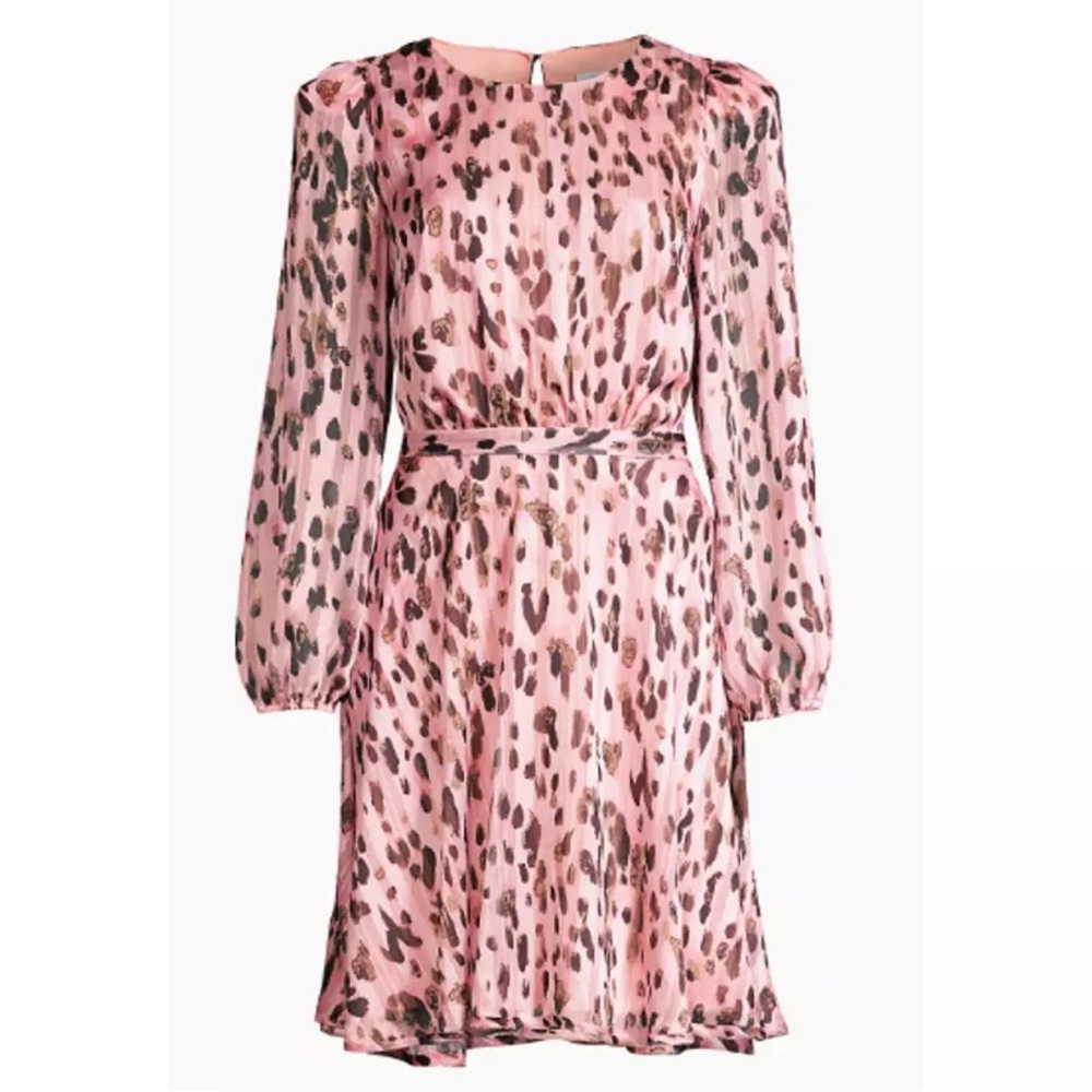 MILLY Leopard Metallic Shadow Stripe Long Sleeve Dress Pink Multi